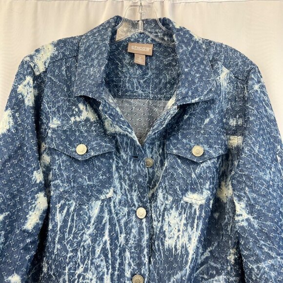 Chico’s Tie Die Textured Lightweight Jacket Blue/White Size Large Pockets - Picture 2 of 9